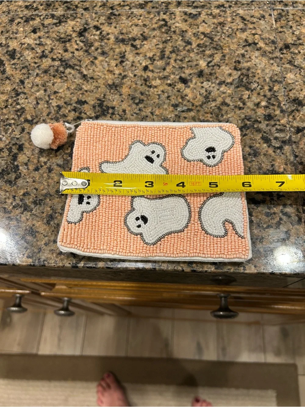 Plush Beaded Ghost Zip Pouch - Peach and White